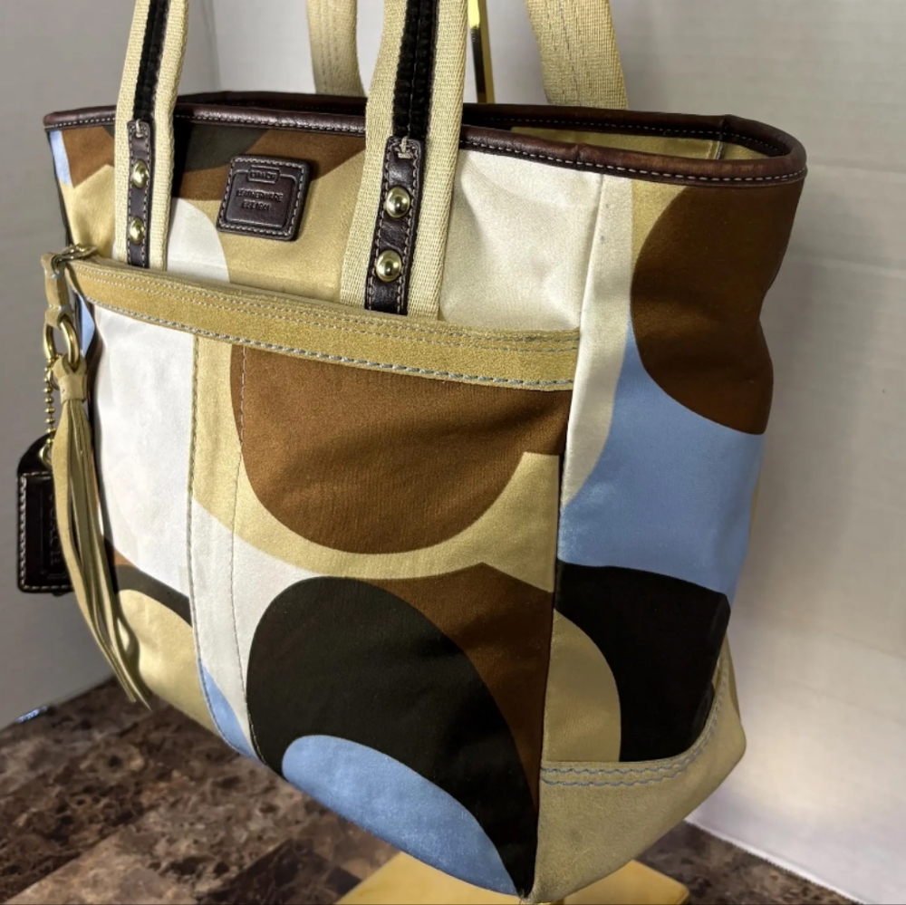 Coach Brown and Blue Satin Tote Bag - Picture 2 of 11
